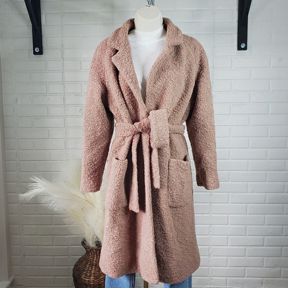 Ganni Fenn Boucle Muave Tan Long Wrap Coat size Small
